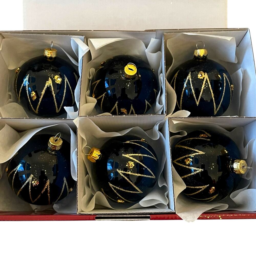 VITBIS Handcrafted Glass Ornaments Set of 6 Navy Blue & Gold Made in Poland NEW